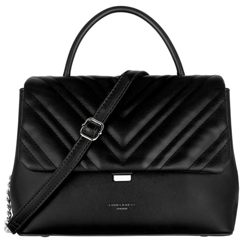 David Jones - Women's Crossbody Bag Quilted Flap - Elegant Satchel PU Leather - Chain Shoulder Messenger Bags - Top-Handle Handbag Medium Size - Ladies Fashion Clutch Chevron V Trendy - Black