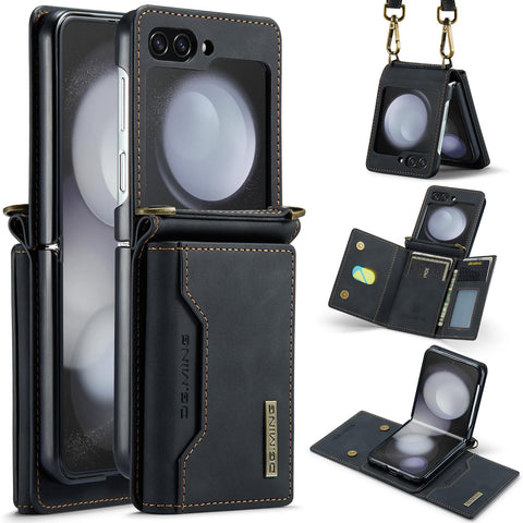 XIMAND for Samsung Galaxy Z Flip 6 Case with Crossbody Wallet, 8 Cards Slot and Premium Leather Kickstand Vintage Card Holder.(Black)