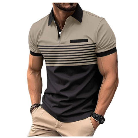 Legou Men’s Polo Shirt Short Sleeve Blocked Striped Button-Down Collar Top with Pocket Summer Casual T-Shirt Beige L