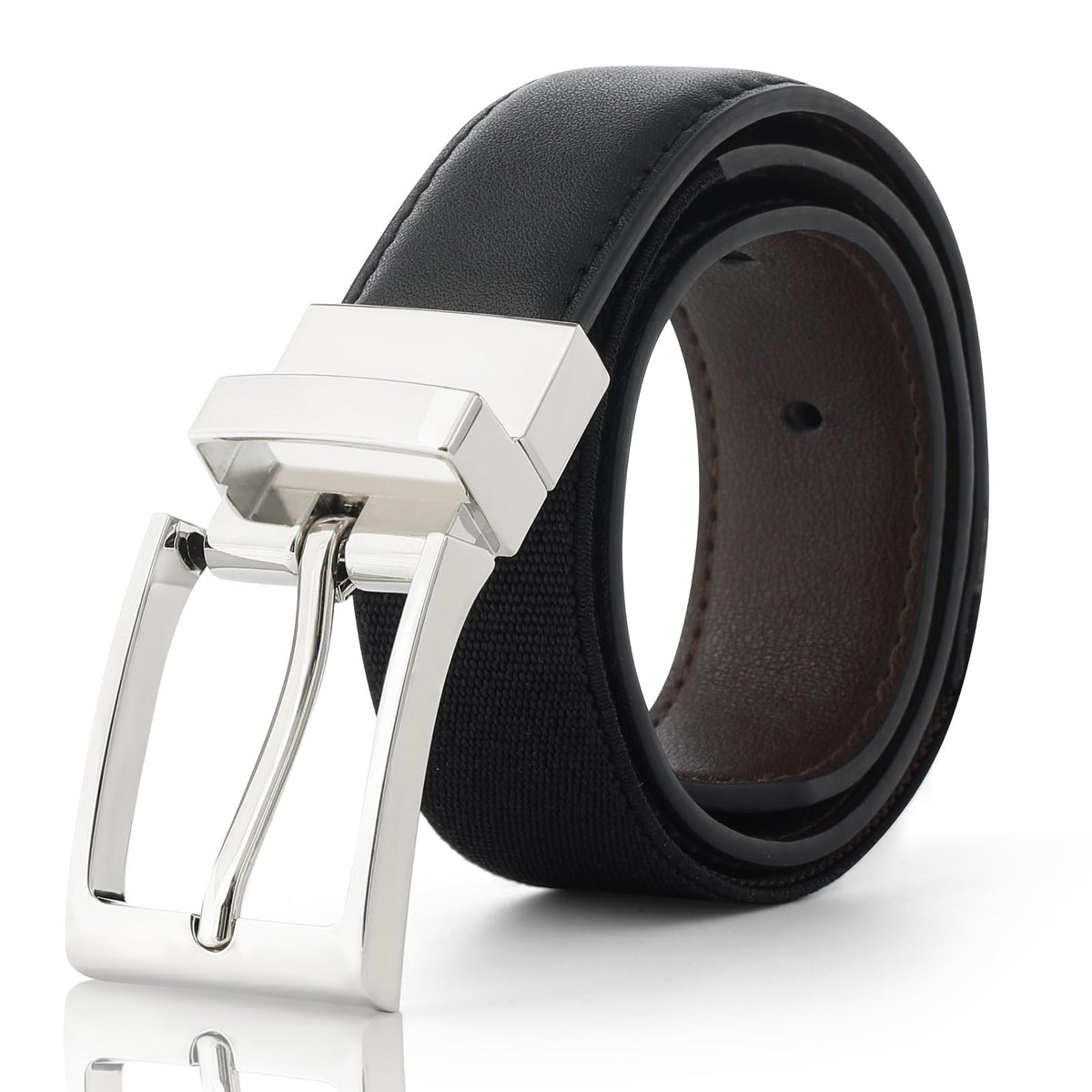 AWAYTR Boys Reversible Belts for Kids - Elastic and PU Leather Black and Brown Belt for Youth (70cm, Silver)