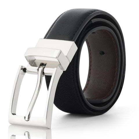 AWAYTR Boys Reversible Belts for Kids - Elastic and PU Leather Black and Brown Belt for Youth (70cm, Silver)