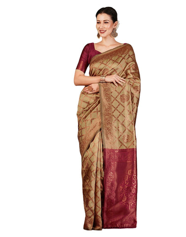 SIRIL Women's Banarasi Jacquard Soft Silk Kanjeevaram Saree With Unstitched Blouse Piece, Beige, One size