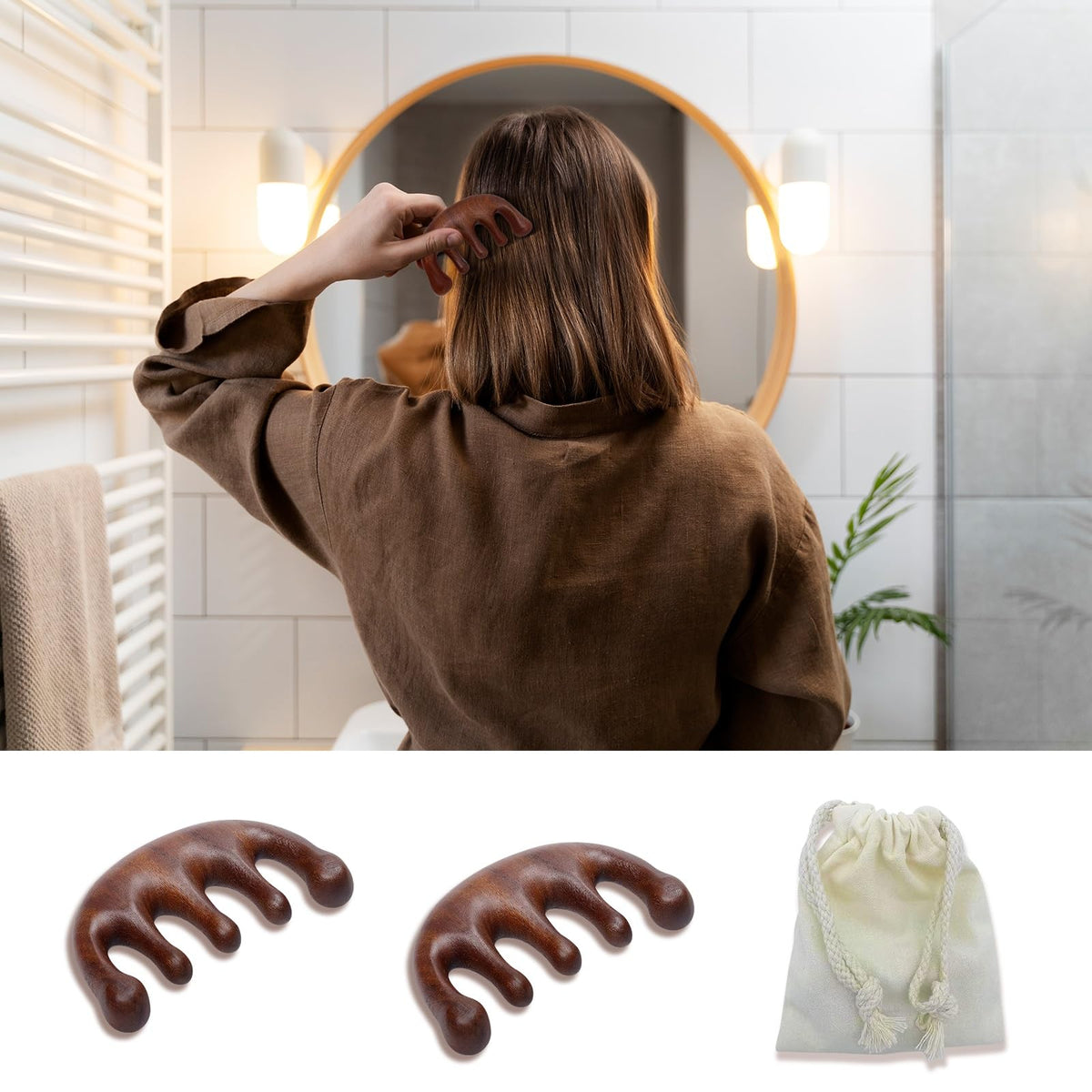 2 Pack Wooden Scalp Massage Comb, Sandalwood Scalp Massager Comb Wood, Massage Wooden Gua Sha Comb for Women Men Hair Growth