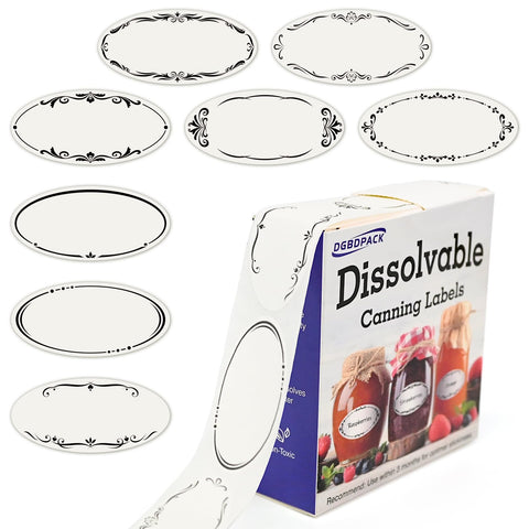 DGBDPACK 400 Dissolvable Canning Labels for Mason Jars, 1 x 2? inch Tiny Food Labels, 8 Designs Canning Jar Stickers Removable with Water
