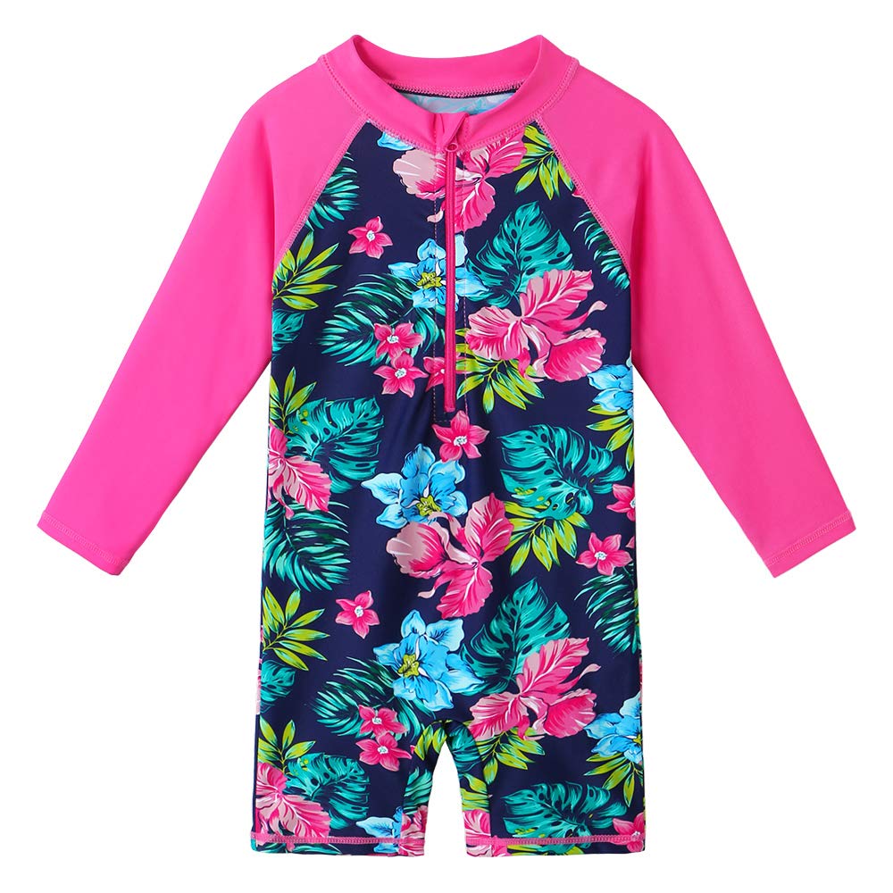Girls Long Sleeve Rashguard One Piece Swimsuits UPF50+ Sun Protective Flower Zipper Swimwear S337_NavyFlower_116/122