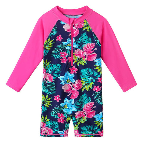 Girls Long Sleeve Rashguard One Piece Swimsuits UPF50+ Sun Protective Flower Zipper Swimwear S337_NavyFlower_116/122