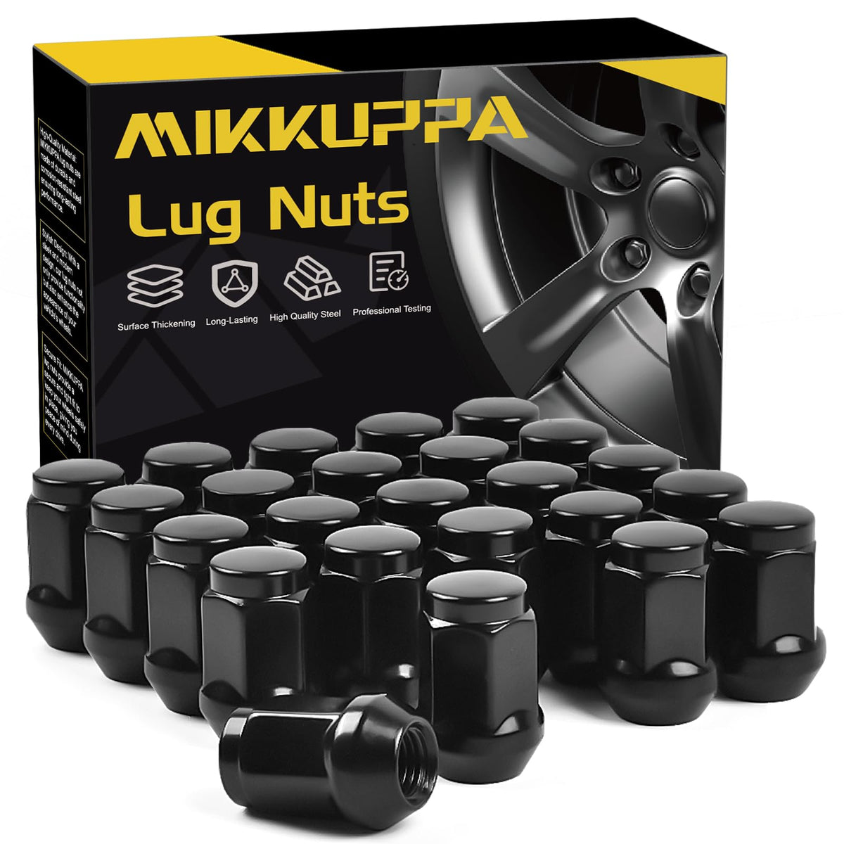 MIKKUPPA 24PCS M14x1.5 Lug Nuts - 3/4" Hex, 1.38" Tall, 0.9" Wide - Replacement for 1999-2020 Chevrolet Silverado 1500, 2015-2016 Ford F-150 Aftermarket Wheel - Black Acorn Closed End Solid Lug Nuts