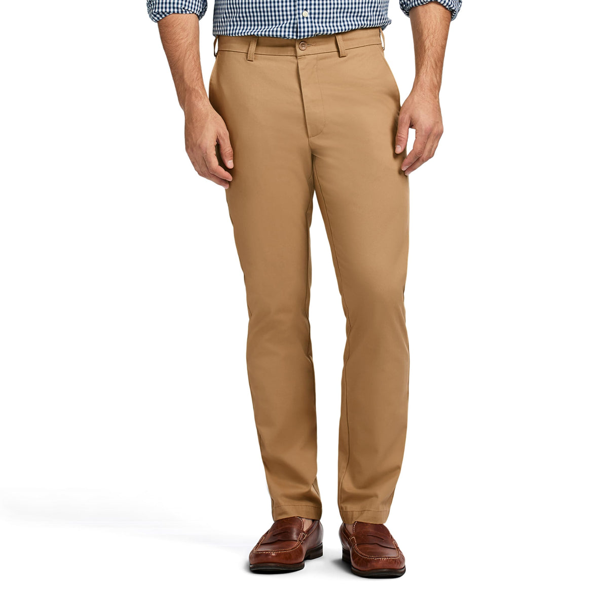 Izod Men's American Chino Flat Front Straight Fit Pant Casual, English Khaki, 34W x 32L