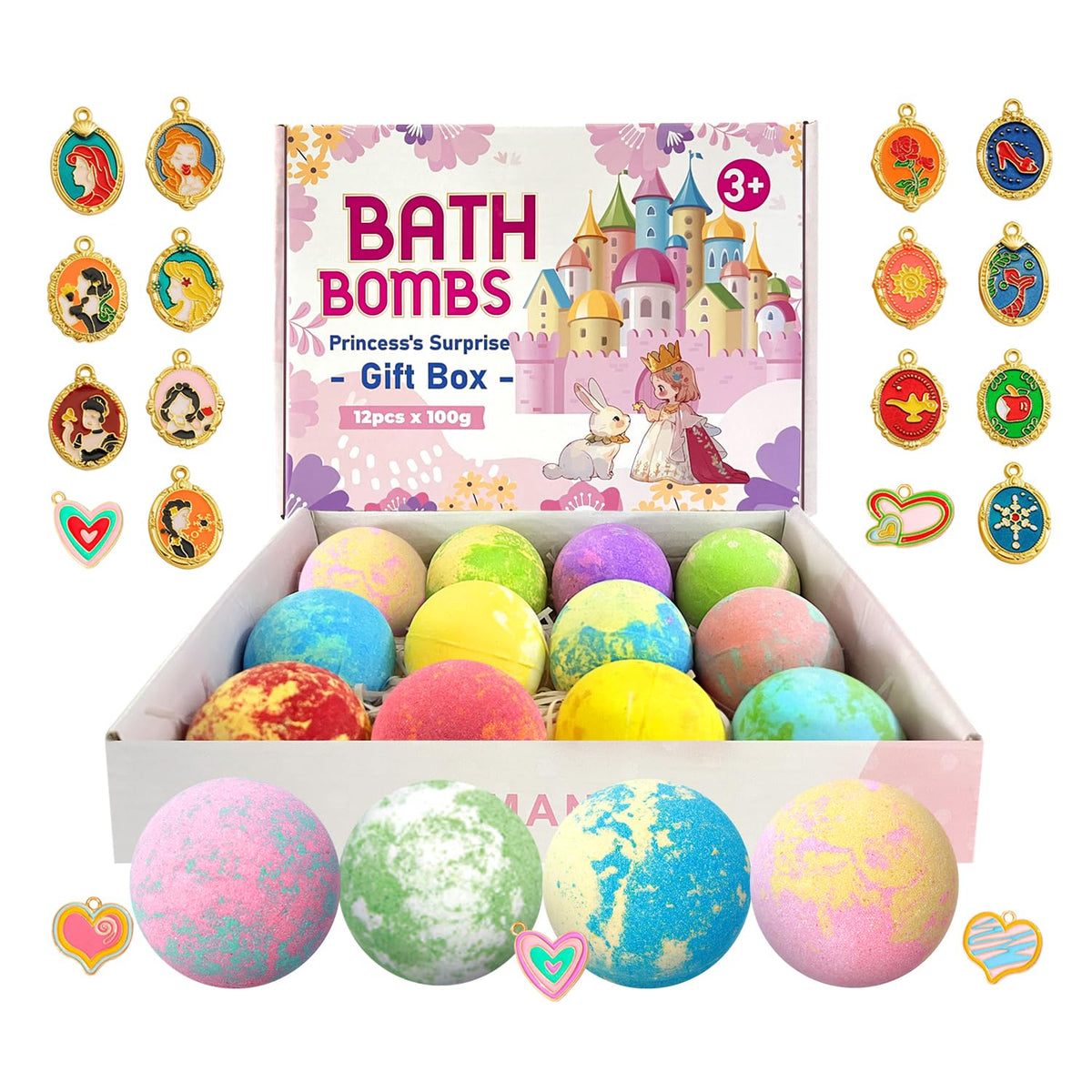 YAMANGU Bath Bombs for Kids Girls with Surprise Inside, 12 Packs Kids Bath Bombs with Princess Jewelry Necklace Pendant Toys Inside for Over 3 Years olds Girls, Easter Basket Stuffers for Kids