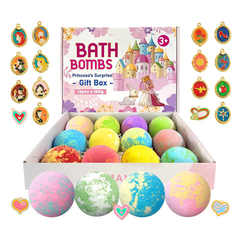 YAMANGU Bath Bombs for Kids Girls with Surprise Inside, 12 Packs Kids Bath Bombs with Princess Jewelry Necklace Pendant Toys Inside for Over 3 Years olds Girls, Easter Basket Stuffers for Kids