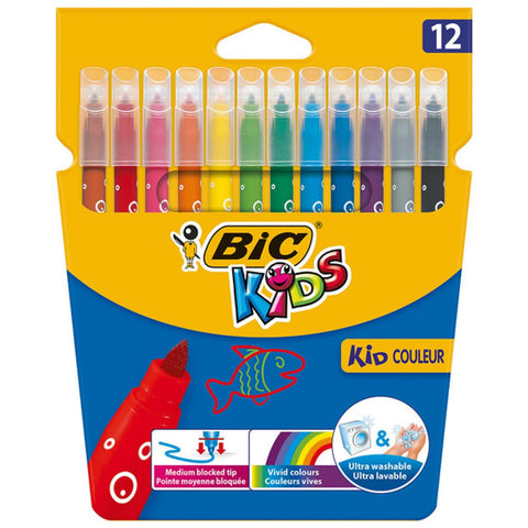 BIC Kids Felt Tip Pens, Kid Colour with Medium Blocked Tip, Vivid Colouring Pens, Washable Markers, Back to School Supplies, 12 Pack