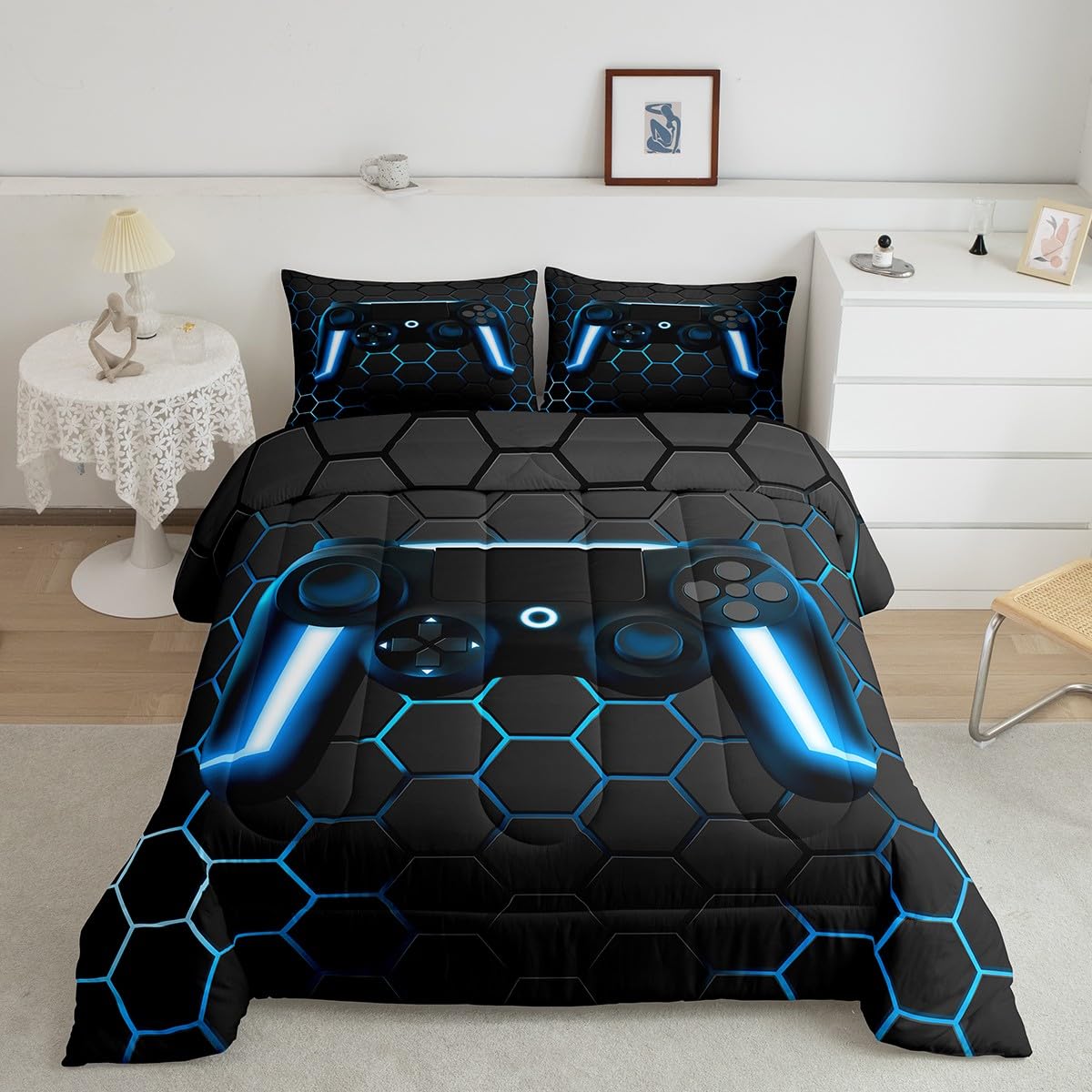 Erosebridal Blue Gaming Comforter Gamer Bedding Sets for Boys Game Home Decor 3 Piece Gamepad Duvet Set Console Game Controller Comforter Set Kids Video Game Quilt Set Queen,1 Comforter 2 Pillowcases