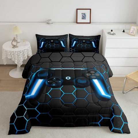 Erosebridal Blue Gaming Comforter Gamer Bedding Sets for Boys Game Home Decor 3 Piece Gamepad Duvet Set Console Game Controller Comforter Set Kids Video Game Quilt Set Queen,1 Comforter 2 Pillowcases