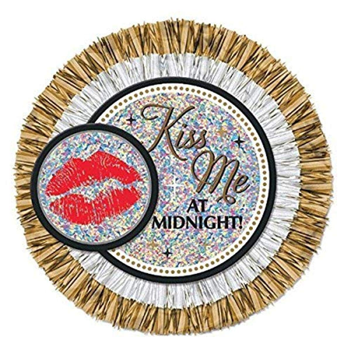 Sparkling New Year Kiss Me at Midnight Jumbo Button Party Accessory, Silver and Gold, Foil, 4"