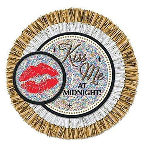 Sparkling New Year Kiss Me at Midnight Jumbo Button Party Accessory, Silver and Gold, Foil, 4"