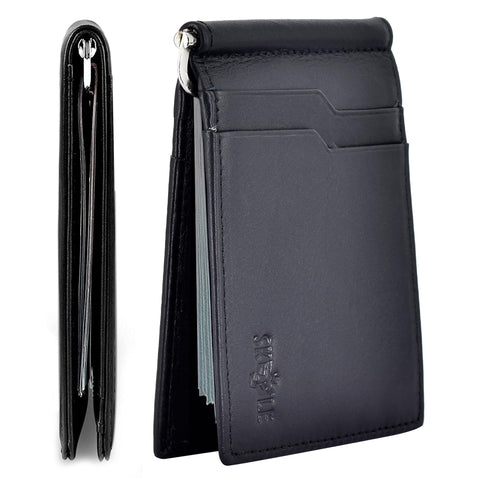 skyle Mens Leather Wallet with Money Clip (Black), Front Pocket Wallets for Men, Card Holder Wallet, RFID Wallet, Smart Wallet for Men, Business Card Organizer, Money Clip Wallet (J01-9094)