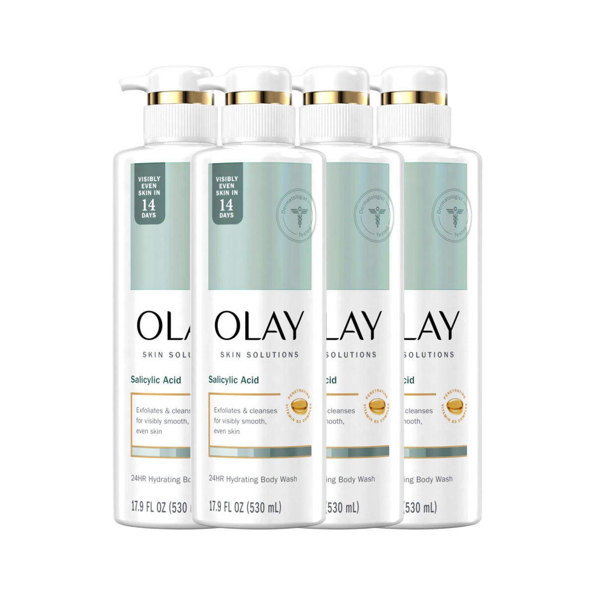 Olay Skin Solutions Hydrating Body Wash for Women with Salicylic Acid, 17.9 fl oz (Pack of 4)