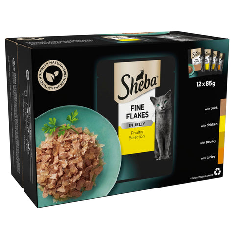 Sheba Fine Flakes in Jelly - Poultry Collection - Wet Cat Food Pouches for Adult Cats - 48 x 85 g Pack