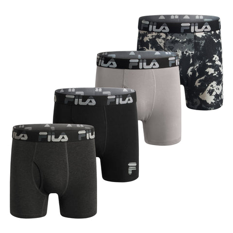 Fila Men's 6" Boxer Briefs with Fly Front, 95% Cotton, 5% Spandex Briefs, 4-Pack, Black, X-Large