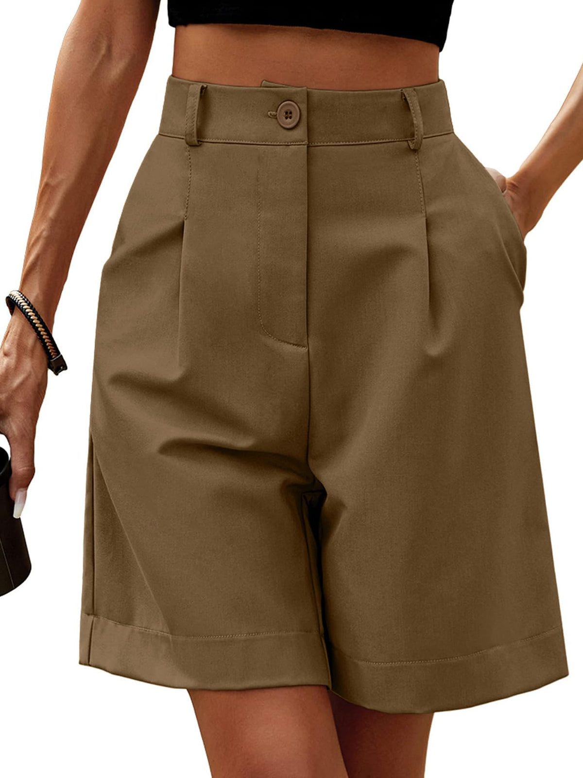 YKR Bermuda Shorts for Women Dressy Elastic High Waisted Knee Length Shorts Casual Wide Leg Summer Brown Shorts with Pockets