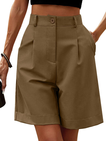 YKR Bermuda Shorts for Women Dressy Elastic High Waisted Knee Length Shorts Casual Wide Leg Summer Brown Shorts with Pockets