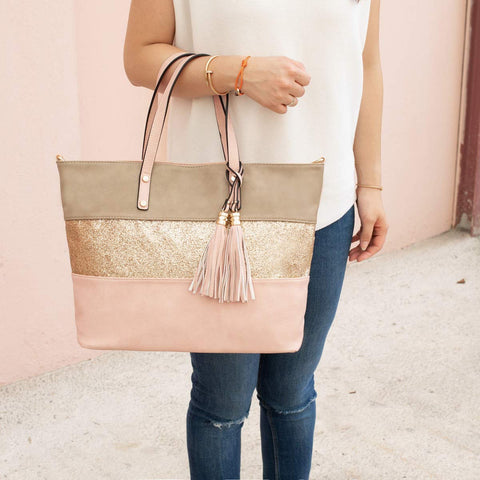 CRAZYCHIC - Women's Stripes Glitter Handbag - Tote Bag Shopper Soft PU Leather - Multicolor Shoulder Crossbody Bags - Large Capacity Work School Beach Shopping - Pink
