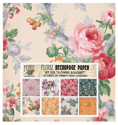 Decoupage Paper Pack (24 Sheets 6"x6") Flower Bouquet FLONZ Vintage Styled Paper for Decoupage and Craft
