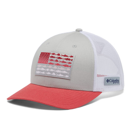 Columbia Unisex PFG Fish Flag Mesh Snap Back - Low, Cool Grey/White/Red Hibiscus, One Size