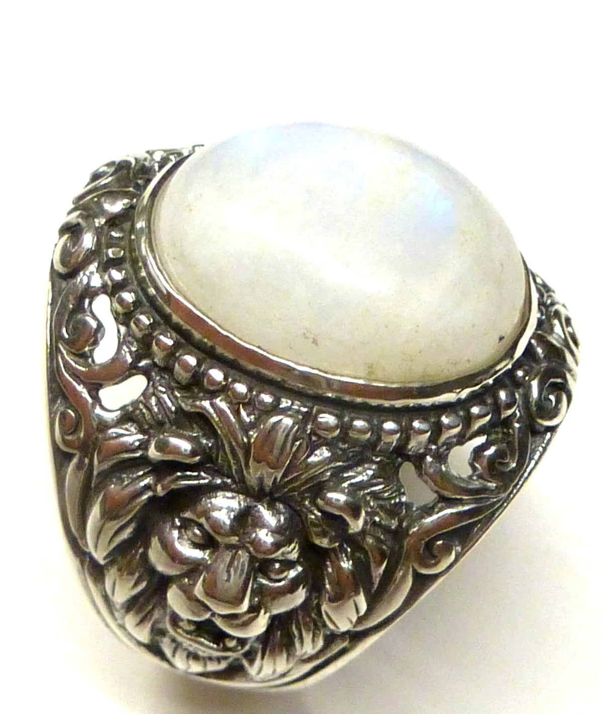 Solid Sterling Silver Men's Ring - Size 62 - Lion Real Moonstone - Protection Symbol, Sterling Silver, Moonstone