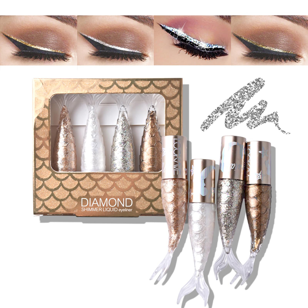 Generic Colourful Glitter Eyeliner Liquid Set, 4 Pcs Metallic Shimmer Liquid Eyeliner, Mermaid Eyeliner, Long Lasting Gold Eyeliner, Diamond Eyeliner for Colorful Eye Makeup Gifts (A)