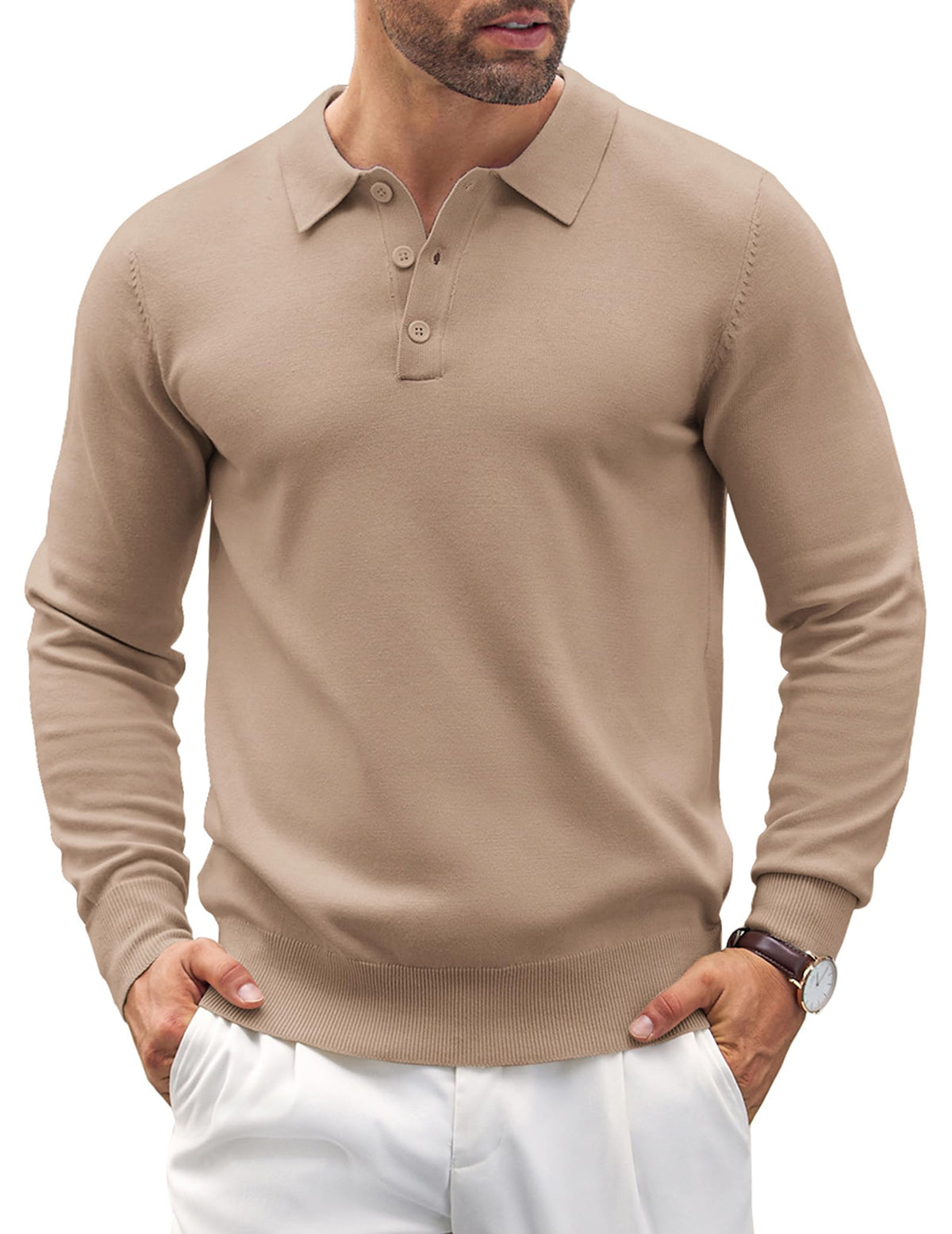 COOFANDY Men's Long Sleeve Polo Shirt Casual Knit Button Down Golf Shirt Khaki