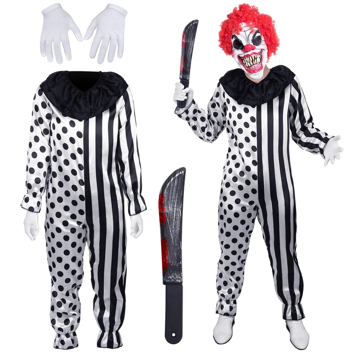 ramede Kids Killer Clown Costume Scary Killer Clown Costume Clown Suit Bloody Machete Knife White Gloves for Halloween (Medium)