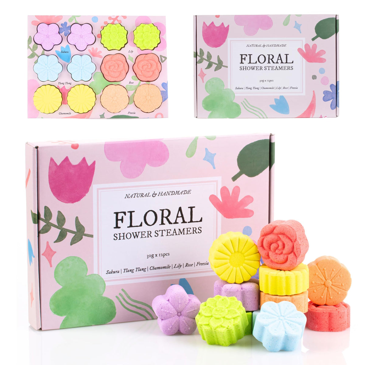 Floral Shower Steamers 12 Pack, Aromatherapy Shower Tablets, Natural Floral Scent, Flower Themed Pampering Gift for Women.