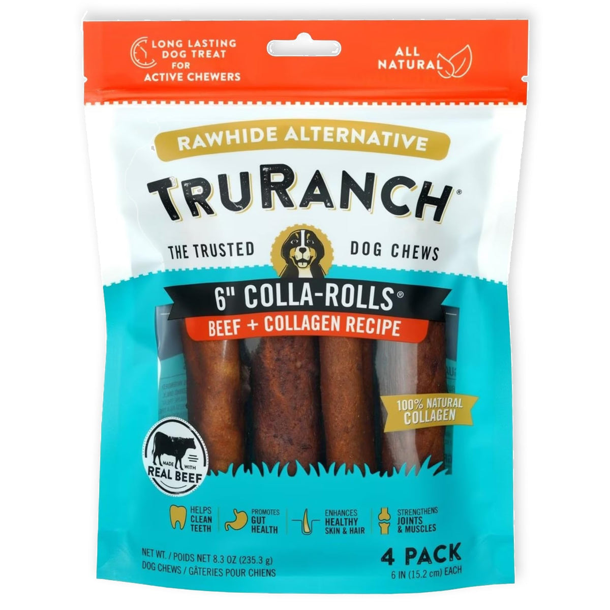 TRURANCH All-Natural Rawhide Alternative Dog Treats 6" Rolls (Beef), Hydrolyzed Collagen, 50% Protein, Healthy Limited Ingredients Dog Chew, for Small, Medium and Large Dogs