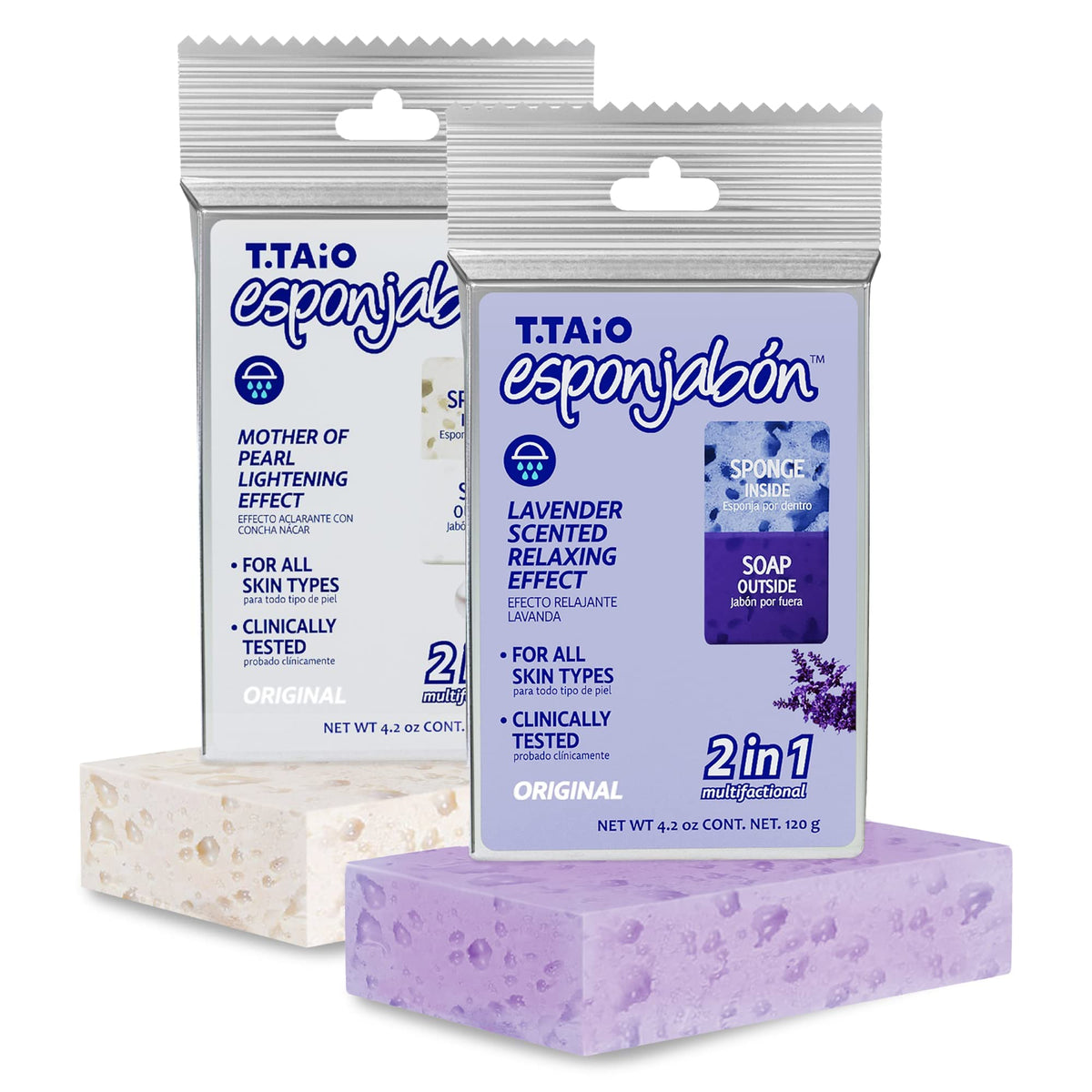 T.Taio Esponjabon Mother of Pearl and Lavender Soap Sponges - Shower Scrubbers That Remove Oil and Dirt - Sponges to Scrub Foot, Elbow, and Face - Bathroom Accessories - Fresh Scent (2-Pack)