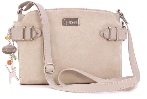 Catwalk Collection Handbags - Genuine Leather - Cross body Bag For Women - Shoulder Bag - Fits Tablets - Smooth Leather and Suede - AMANDA- CREAM