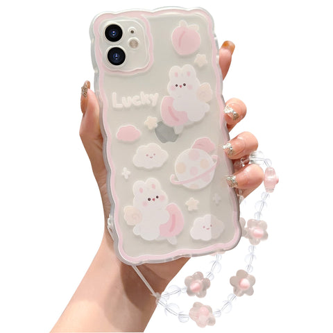 ZSYTZL Compatible with iPhone 11 Case Cute Cartoon Peach Rabbit Pattern with Cute Chain Design for Women Girls Aesthetic Kawaii Slim Soft TPU Transparent Case for iPhone 11-Peach Rabbit