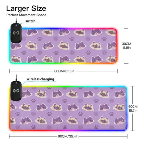 Cute Colorful Cat Wireless Charging Mouse Pad for Mobile Phone Extra Large Gaming Mousepad with 13 Lighting Modes Extended Desk Mat for Gaming MacBook PC Laptop Desk Home Office