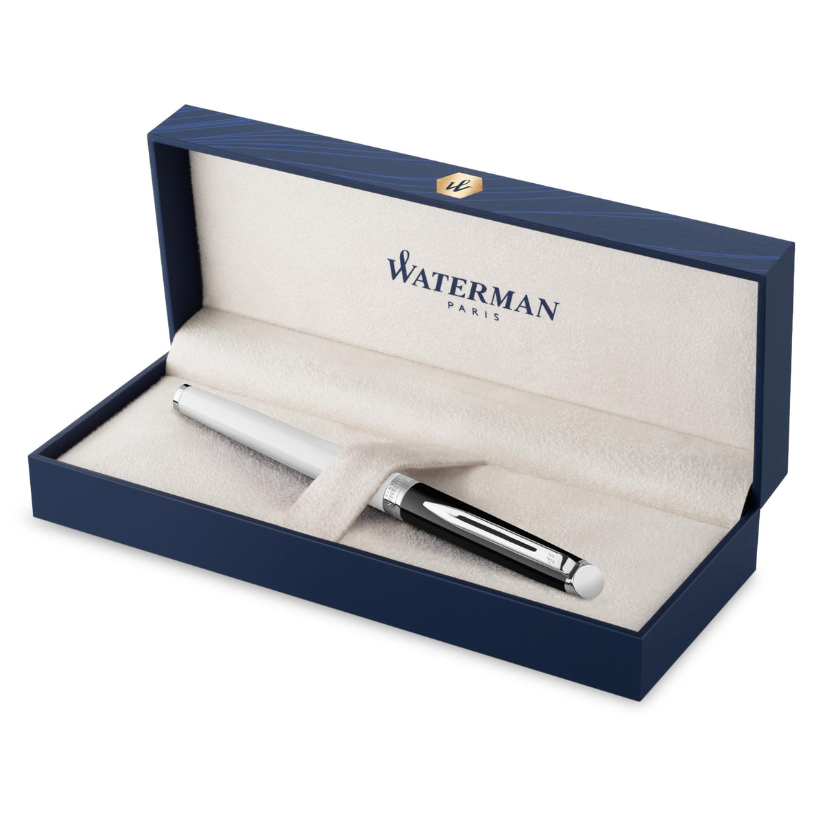 Waterman HÃ©misphÃ¨re Fountain Pen | Black & White Lacquer with Palladium Coated Trim | Stainless steel Medium Nib | Blue Ink | Gift Box