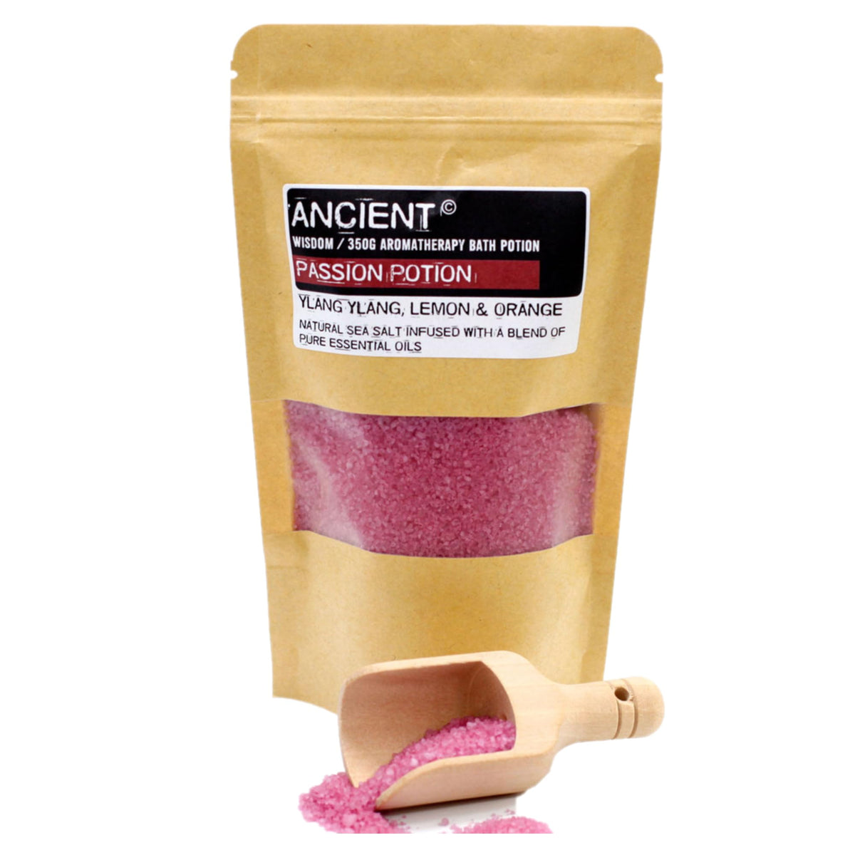 Passion Natural Sea Salt & Pure Essential Oils. Soothing Aromatherapy Bath Salt, Deep Soak, Muscle Relief Potion: 350g Resealable Pouch - Ylang Ylang, Lemon & Orange