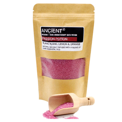 Passion Natural Sea Salt & Pure Essential Oils. Soothing Aromatherapy Bath Salt, Deep Soak, Muscle Relief Potion: 350g Resealable Pouch - Ylang Ylang, Lemon & Orange