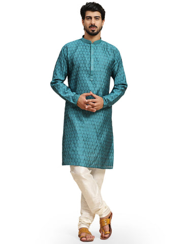 SKAVIJ Men's Jacquard Silk Kurta Pajama Set Indian Traditional Thread Work Dress (Large, Turquoise)