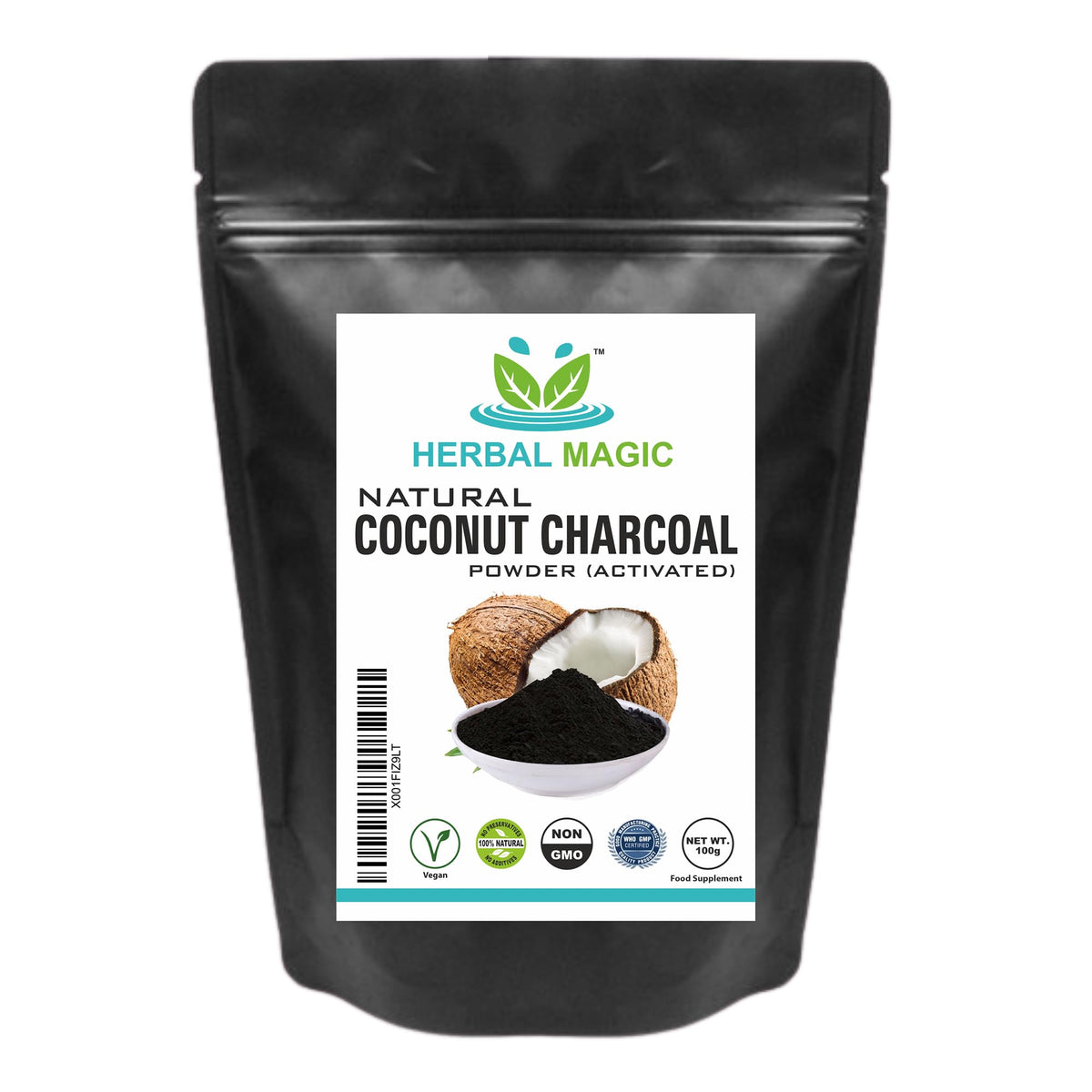 Herbal Magic Activated Coconut Charcoal Powder Food Grade Quality Excellent Detoxifying, Cleansing Properties Naturally Supports Skin, Body Care & Oral Care,UKAS LAB Tested in The UK-100g
