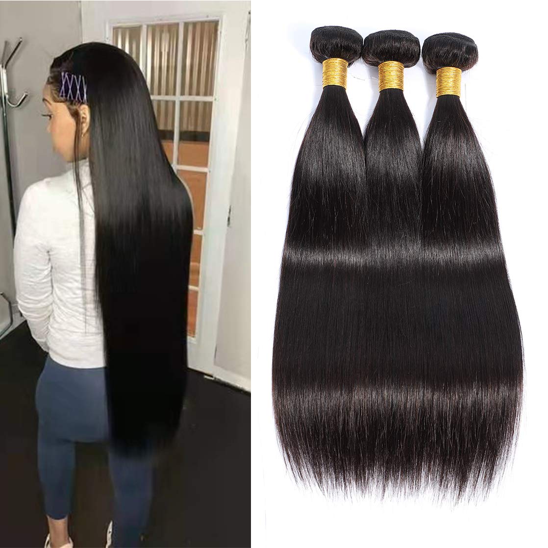 Selina Brazilian Virgin Hair Straight 20 22 24 (100g/3.52Oz,Natural Black Color) Human Hair Weave 100% Unprocessed Human Hair Bundles Straight Remy Hair Extensions Natural Black(20" 22" 24",Straight)