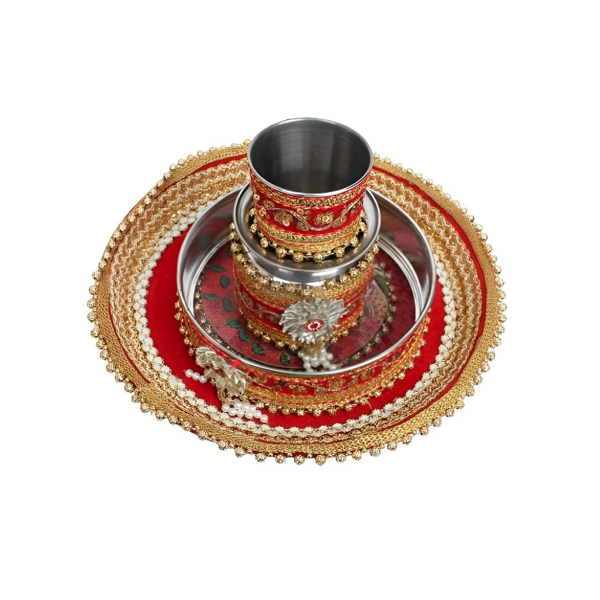 Itiha Karwachauth/Karvachauth Indian Traditional decorative pooja thali beautiful ethnic gift/Kankavati/Diwali/indian handicraft/karwachauth channi/Pooja Thali Set Red (12 inches)
