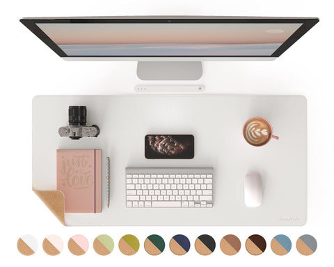 RENMTURE Dual-Sided Mouse Pad, Natural Cork & PU Leather Large Desk Pad for Office and Home Work, Desk Protector Non-Slip, Waterproof, Easy Clean (White, 36"x17")