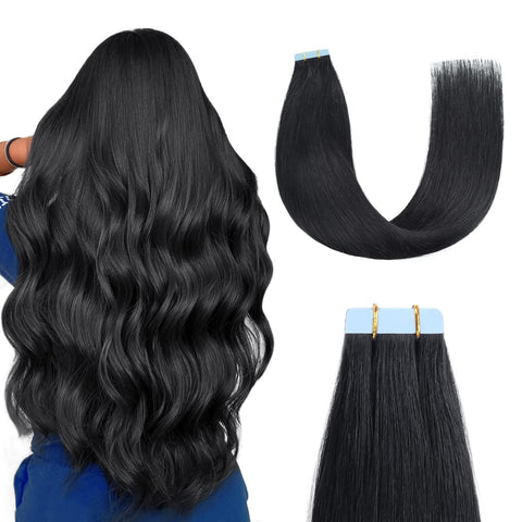 Sunya Tape in Hair Extensions Human Hair Jet Black 24 inches Straight Tape in Real Human Hair Seamless Skin Weft Tape in Hair Extensions #1 Color 50 Gram 20Pcs/Pack
