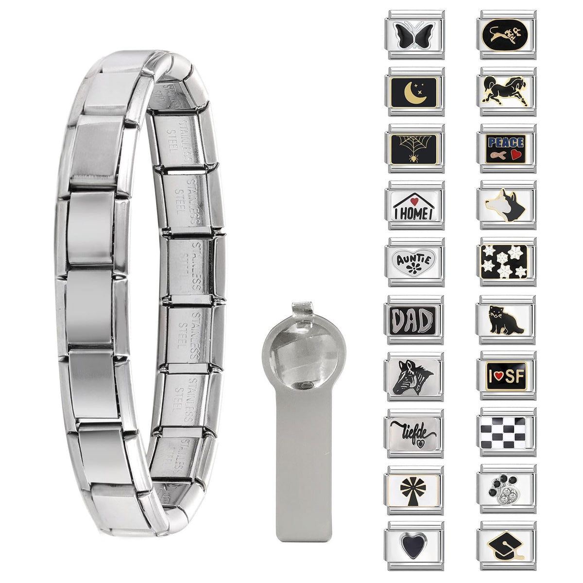 Paffartt Italian Charms Bracelet Sets for Man Woman Removable Classic Stainless Steel 9mm Module Links with Opening Tools Hand Painted for DIY Fashionable Jewelry Gifts