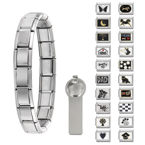 Paffartt Italian Charms Bracelet Sets for Man Woman Removable Classic Stainless Steel 9mm Module Links with Opening Tools Hand Painted for DIY Fashionable Jewelry Gifts