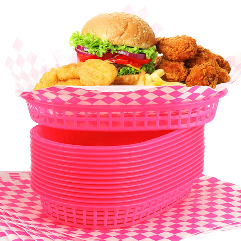 Uiifan 24 Pcs Fast Food Baskets with 100 Deli Liners Deli Baskets Food Baskets 10.5 x 7 Inch for Serving Burger Baskets Chip Baskets Service Basket Trays for Hot Dog Hamburger Bread Picnic (Hot Pink)
